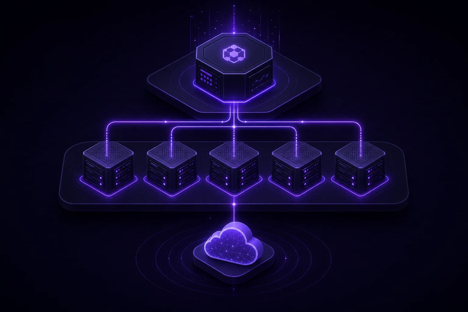 A three-tier layout: control plane, worker fleet and cloud
