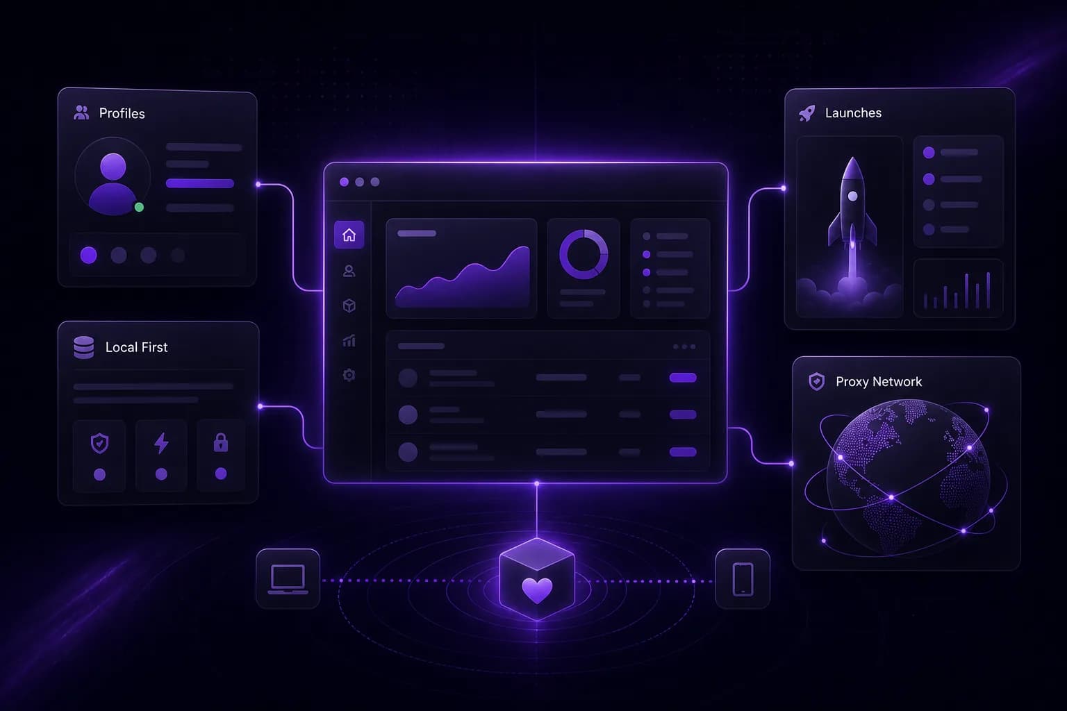 The VeilBrowser dashboard with profiles, launches and proxy network