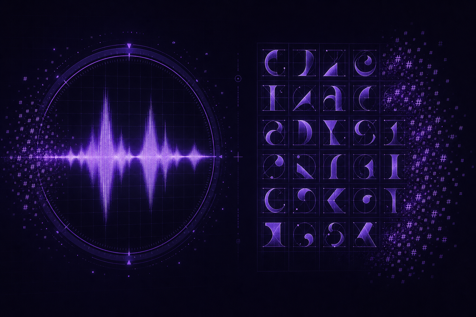 An audio waveform and a grid of font glyph specimens