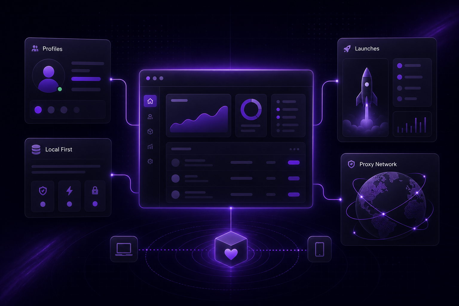 The VeilBrowser dashboard with profiles, launches and proxy network