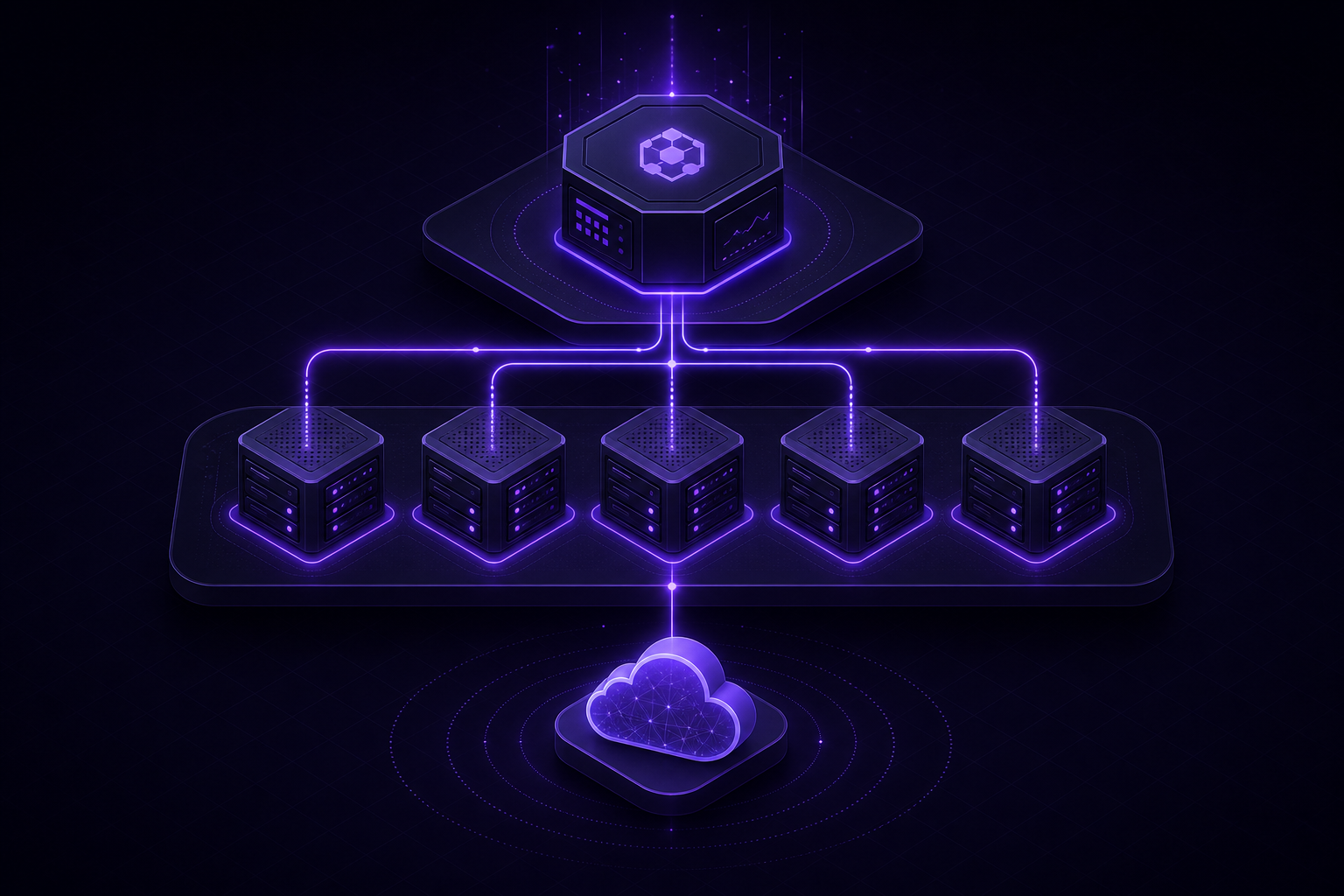 A three-tier layout: control plane, worker fleet and cloud
