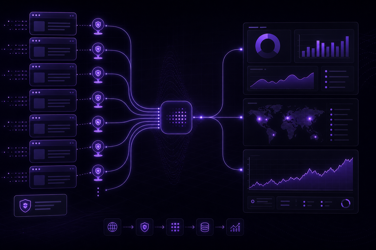 A pipeline of browser sessions feeding into analytics dashboards